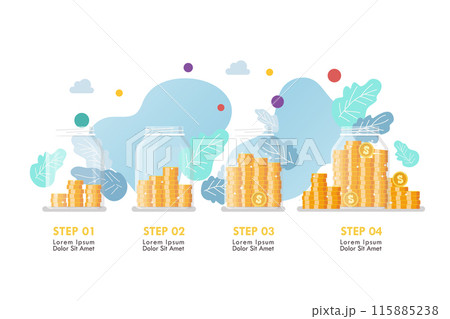 Infographic of Step money in glass jars. business concept. Infographic of Step money in glass jars. business concept. 115885238