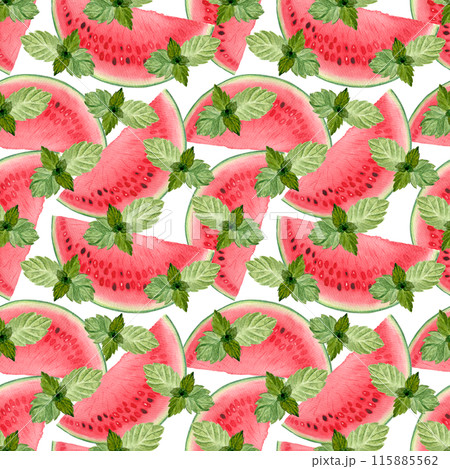 Watermelon juicy slices with mint leafs. Watercolor seamless pattern isolated on white, hand drawn for food design. Packages, textile, wrapping paper, summer refreshments, drinks, kitchen decor Watermelon juicy slices with mint leafs. Watercolor seamless pattern isolated on white, hand drawn for food design. Packages, textile, wrapping paper, summer refreshments, drinks, kitchen decor 115885562