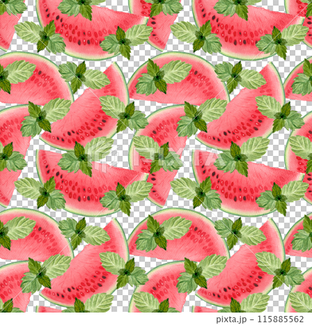 Watermelon juicy slices with mint leafs. Watercolor seamless pattern isolated on white, hand drawn for food design. Packages, textile, wrapping paper, summer refreshments, drinks, kitchen decor Watermelon juicy slices with mint leafs. Watercolor seamless pattern isolated on white, hand drawn for food design. Packages, textile, wrapping paper, summer refreshments, drinks, kitchen decor 115885562