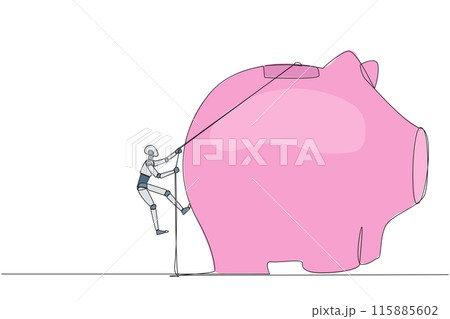 Single continuous line drawing smart robot climbing piggy bank with the rope. Entrepreneur working hard to make investments preparing for retirement. Smart worker. One line design vector illustration Single continuous line drawing smart robot climbing piggy bank with the rope. Entrepreneur working hard to make investments preparing for retirement. Smart worker. One line design vector illustration 115885602