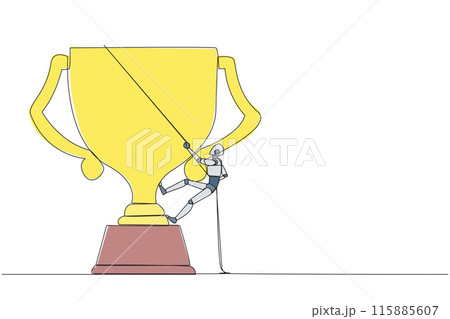 Single one line drawing smart robot climbing the trophy with the rope. Expanding branding by winning many awards. Connecting relationships. Mutual benefit. Continuous line design graphic illustration Single one line drawing smart robot climbing the trophy with the rope. Expanding branding by winning many awards. Connecting relationships. Mutual benefit. Continuous line design graphic illustration 115885607