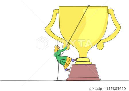 Continuous one line drawing Arabian businessman climbs trophy with rope. Expanding branding by winning many awards. Connecting relationship. Mutual benefit. Single line draw design vector illustration 115885620