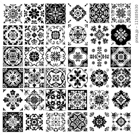 Spanish tiles black vector set. Rectangles frames flowers squares shoots stems plants ornaments mediterranean mosaic, elements isolated on white background 115885630