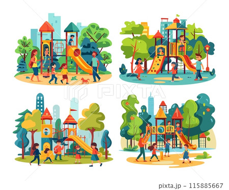 Park kids playground cartoon vector scenes. Childrens girls boys trees grass flowers mom dad city playing walking characters outdoor square recreation, isolated illustration on white background 115885667