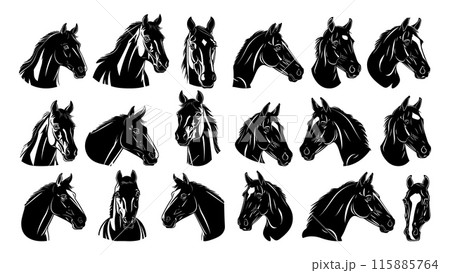 Horse avatars ink silhouettes vector set. Head artiodactyla human friend mane companion riding strong assistant ally animal icons isolated on white background 115885764