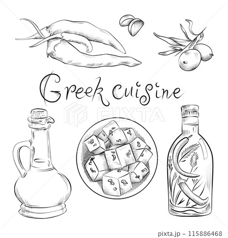 drawing lines. art line food Greek cuisine. Vector minimalistic design 115886468