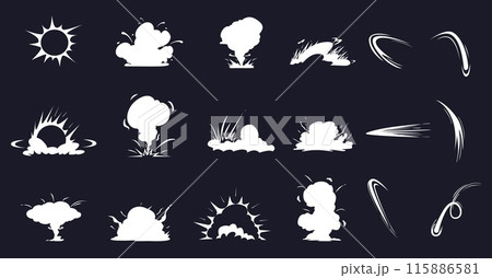Explosion cartoon comic effects. White clouds of fog, smoke. Flash of energetic blow, bomb dynamite explosions, game elements nowaday vector clipart Explosion cartoon comic effects. White clouds of fog, smoke. Flash of energetic blow, bomb dynamite explosions, game elements nowaday vector clipart 115886581