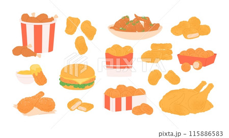 Cartoon chicken nuggets. Tasty wings legs stripes and fried crispy balls packing for eat to go. Burger and meat bucket, fast food racy vector clipart Cartoon chicken nuggets. Tasty wings legs stripes and fried crispy balls packing for eat to go. Burger and meat bucket, fast food racy vector clipart 115886583