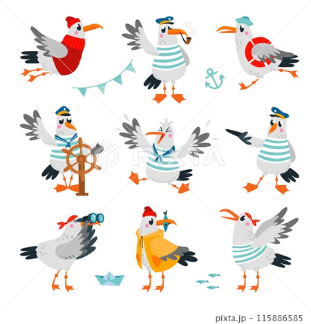Sailor seagull. Cute seagulls captain and pirates, wear striped shirts and hats. Marine birds funny characters, sea adventures gulls classy vector set Sailor seagull. Cute seagulls captain and pirates, wear striped shirts and hats. Marine birds funny characters, sea adventures gulls classy vector set 115886585