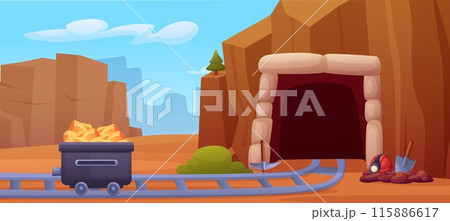 Mining cave. Mine entrance with rails and metal trolley with golden gem stones. Miners tools, shovel pick and helmet with flashlight, nowaday vector landscape 115886617