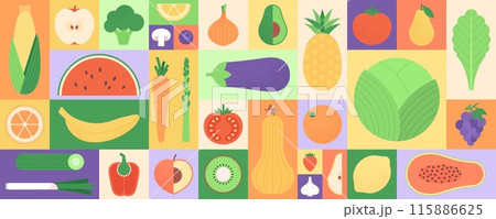 Bauhaus style fruits and vegetables. Cabbage lemon corn onion carrot watermelon and cucumber. Flat pineapple avocado tomato pepper, racy vector set Bauhaus style fruits and vegetables. Cabbage lemon corn onion carrot watermelon and cucumber. Flat pineapple avocado tomato pepper, racy vector set 115886625