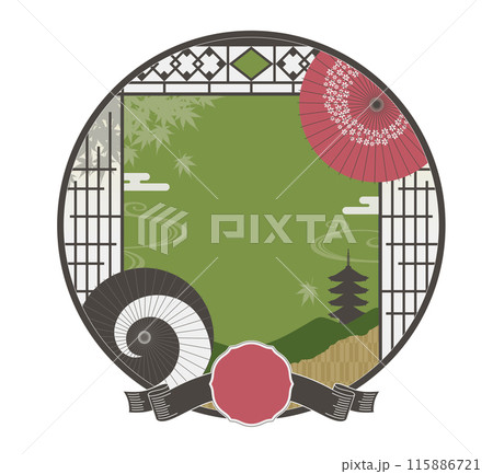 京都をイメージした障子の窓からの風景デザインテンプレート緑 115886721