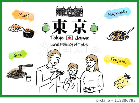 東京のご当地グルメと家族のシンプル線画 東京のご当地グルメと家族のシンプル線画 115886795
