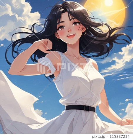 夏空の下で白いワンピースを着ている綺麗な女性のイラスト 6 115887234