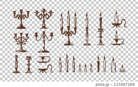 Hand-drawn illustrations of stylish candlesticks and candles, decorative set, antique goods, vintage 115887269