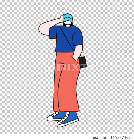 キャップとパンツの女性クター線画 115887467