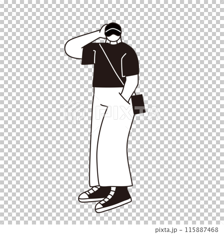 Female character line drawing in cap and pants Female character line drawing in cap and pants 115887468