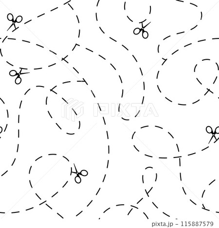 Cut here seamless pattern. Vector scissors with dotted lines, paper cut here seamless pattern for ticket, coupon, promo code. Cut here seamless pattern. Vector scissors with dotted lines, paper cut here seamless pattern for ticket, coupon, promo code. 115887579