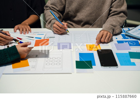 UX developer and ui designer brainstorming about mobile app interface wireframe design with customer breif and color code, User experience concept.. 115887660