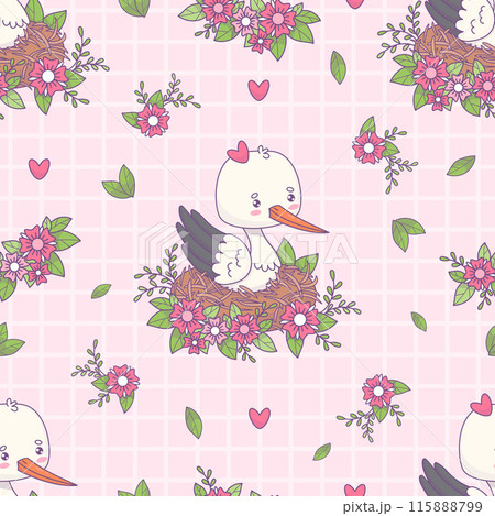 Seamless pattern with cute stork girl in nest with flowers on pink checkered background. Vector illustration. Funny cartoon bird kawaii character. 115888799