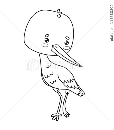 Stork bird. Vector illustration. Outline cartoon kawaii character. Line drawing, coloring book. Vector illustration. Kids collection. 115888800