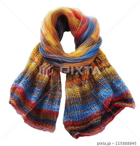 Knitted scarf with a colorful mix of blue, yellow, and red stripes, in a loosely draped style, isolated on transparent background. 115888845