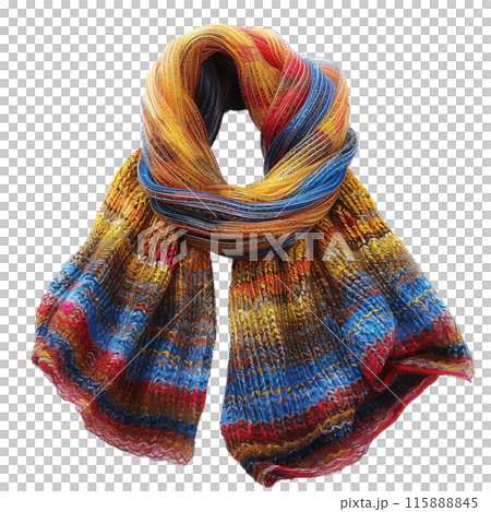 Knitted scarf with a colorful mix of blue, yellow, and red stripes, in a loosely draped style, isolated on transparent background. Knitted scarf with a colorful mix of blue, yellow, and red stripes, in a loosely draped style, isolated on transparent background. 115888845