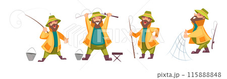 Bearded Fisherman Capturing Fish with Rod in Pond Vector Set 115888848