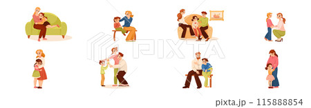 Parents Supporting Children Soothing and Talking to Them Vector Set Parents Supporting Children Soothing and Talking to Them Vector Set 115888854