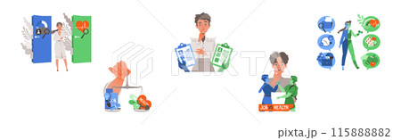 Man and Woman Character Choosing Between Health and Work Having Dilemma Vector Illustration Set 115888882