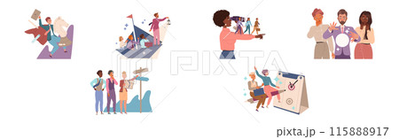 Male and Female Leader Leading Team to Future Directing and Navigating Vector Set 115888917