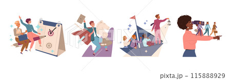 Male and Female Leader Leading Team to Future Directing and Navigating Vector Set 115888929