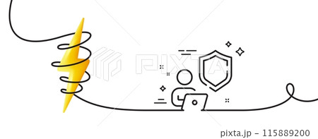 Shield line icon. Continuous one line with curl. Privacy secure sign. Safe defense symbol. Shield single outline ribbon. Loop curve with energy. Vector Shield line icon. Continuous one line with curl. Privacy secure sign. Safe defense symbol. Shield single outline ribbon. Loop curve with energy. Vector 115889200