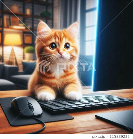 パソコンに向かってキーボードに手を添えるネコ パソコンに向かってキーボードに手を添えるネコ 115889225