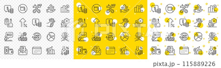 Outline Euro rate, Growth chart and Wallet line icons pack for web with Info, Increasing percent, Bitcoin project line icon. Cut ribbon, Job, Pie chart pictogram icon. Coins, Auction. Vector Outline Euro rate, Growth chart and Wallet line icons pack for web with Info, Increasing percent, Bitcoin project line icon. Cut ribbon, Job, Pie chart pictogram icon. Coins, Auction. Vector 115889226