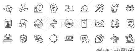 Icons pack as Eye detect, Transmitter and Magic wand line icons for app include Wifi, Electric plug, Seo analysis outline thin icon web set. Charging station, Copywriting notebook. Vector 115889228