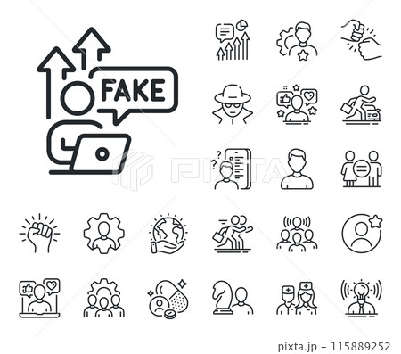 Web propaganda sign. Specialist, doctor and job competition outline icons. Fake internet line icon. Wrong truth symbol. Fake internet line sign. Avatar placeholder, spy headshot icon. Vector 115889252