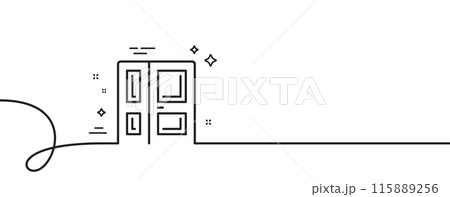 Entrance line icon. Continuous one line with curl. Entry door sign. Building exit symbol. Entrance single outline ribbon. Loop curve pattern. Vector 115889256