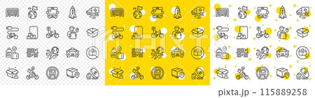 Outline Electric bike, Carry-on baggage and Delivery warning line icons pack for web with Parking garage, Destination flag, Bicycle parking line icon. International flight. Vector 115889258