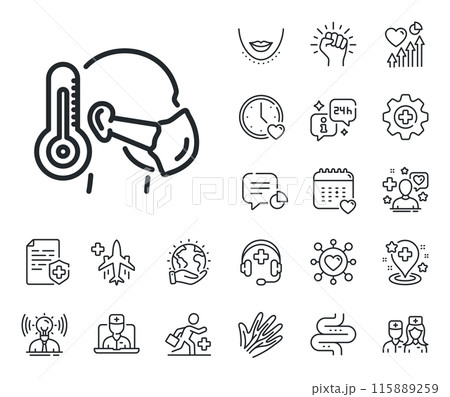Safety respiratory mask sign. Online doctor, patient and medicine outline icons. Sick man with medical mask line icon. Coronavirus face protection symbol. Sick man line sign. Vector 115889259