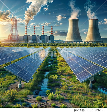 Aerial view of a solar farm around a coal power plant, showing energy transition. Aerial view of a solar farm around a coal power plant, showing energy transition. 115889265