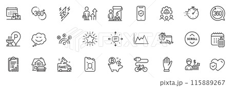 Icons pack as 360 degrees, Correct answer and Speech bubble line icons for app include Electric bike, Lightning bolt, Life insurance outline thin icon web set. Business growth, Diagram. Vector 115889267