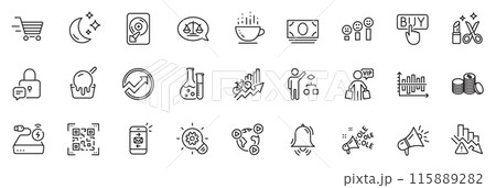 Icons pack as Cash money, Ice cream and Beauty line icons for app include Qr code, Moon, Training results outline thin icon web set. Video conference, Banking money. Cash money outline sign. Vector 115889282