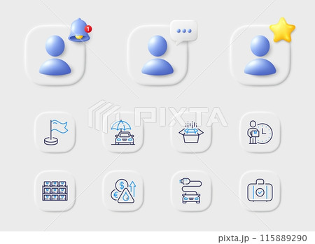Packing boxes, Car insurance and Delivery man line icons. Placeholder with 3d star, reminder bell, chat. Pack of Car charge, Carry-on baggage, Fuel price icon. Milestone, Boxes shelf pictogram. Vector 115889290