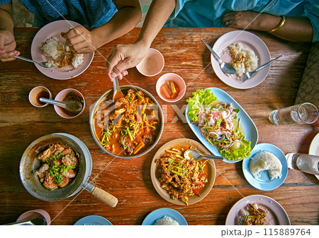 Top view of Thai traditional food set on the table 115889764