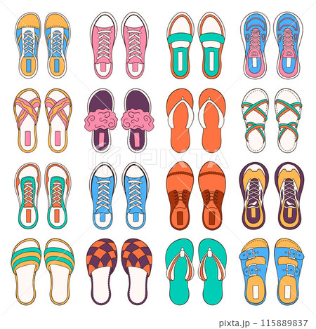 Shoes collection in cartoon style. Set of casual woman and men footwear shoes, sneakers and boots. Vector illustration isolated on a white background. Shoes collection in cartoon style. Set of casual woman and men footwear shoes, sneakers and boots. Vector illustration isolated on a white background. 115889837