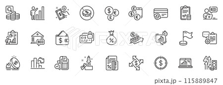 Icons pack as Currency rate, No cash and Dollar target line icons for app include Decreasing graph, Online auction, Wallet outline thin icon web set. Change card, Loan, Report pictogram. Vector Icons pack as Currency rate, No cash and Dollar target line icons for app include Decreasing graph, Online auction, Wallet outline thin icon web set. Change card, Loan, Report pictogram. Vector 115889847