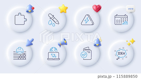 Calendar graph, Puzzle and Idea line icons. Buttons with 3d bell, chat speech, cursor. Pack of Verification document, Lightning bolt, Build icon. Internet, Chemistry pipette pictogram. Vector 115889850