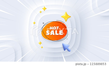 Hot sale banner. Neumorphic offer 3d banner, poster. Discount sticker shape. Coupon bubble icon. Hot sale promo event background. Sunburst banner, flyer or coupon. Vector 115889853