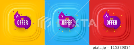 Hot offer banner. Neumorphic offer banner, flyer or poster. Discount sticker shape. Coupon tag icon. Hot offer promo event banner. 3d square buttons. Special deal coupon. Vector 115889854
